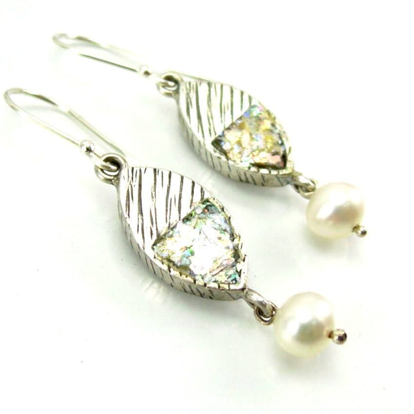 Earrings - Line Design Pearl Silver And Roman Glass Earrings