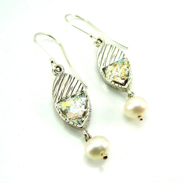 Earrings - Line Design Pearl Silver And Roman Glass Earrings