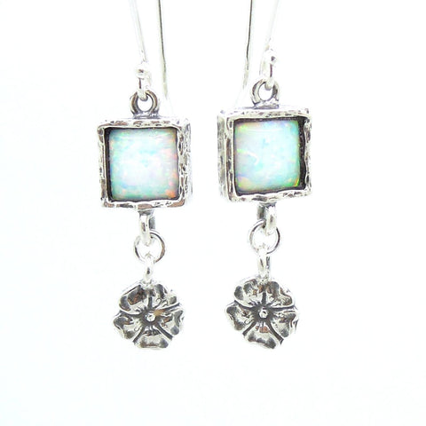 Earrings - Opal Earrings With Silver Flowers Hanging