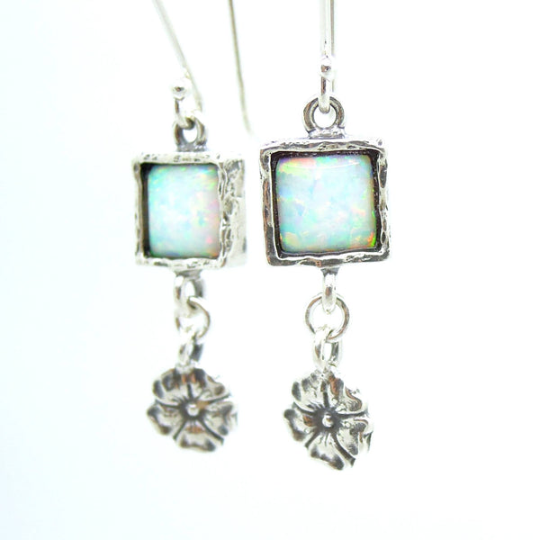 Earrings - Opal Earrings With Silver Flowers Hanging