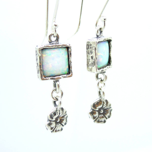 Earrings - Opal Earrings With Silver Flowers Hanging