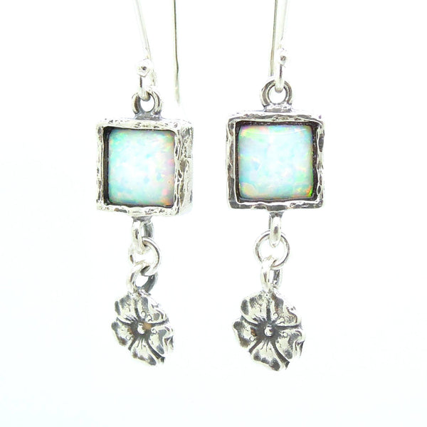 Earrings - Opal Earrings With Silver Flowers Hanging