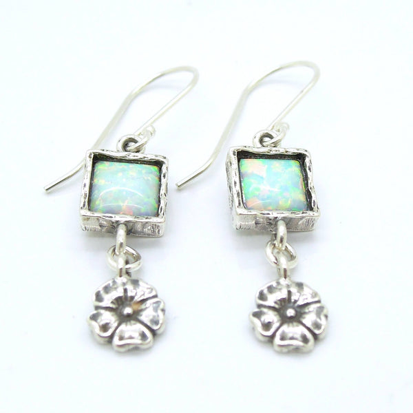 Earrings - Opal Earrings With Silver Flowers Hanging