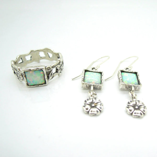 Earrings - Opal Earrings With Silver Flowers Hanging