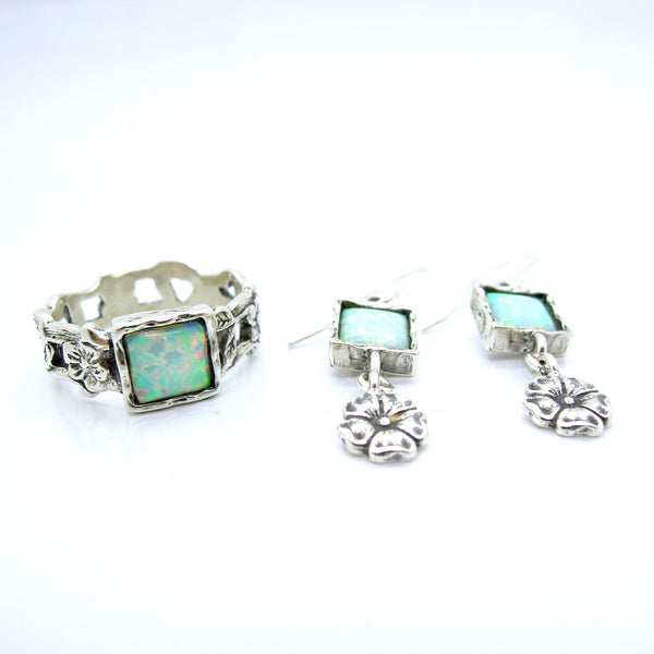 Earrings - Opal Earrings With Silver Flowers Hanging
