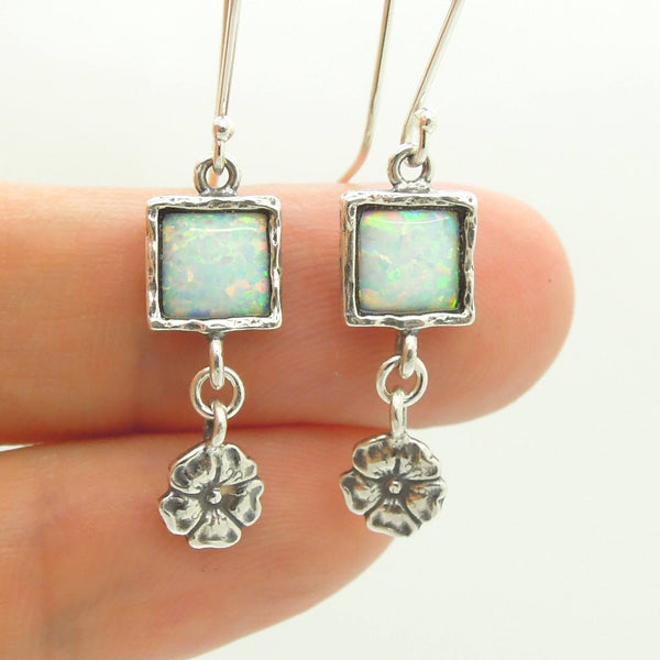 Earrings - Opal Earrings With Silver Flowers Hanging