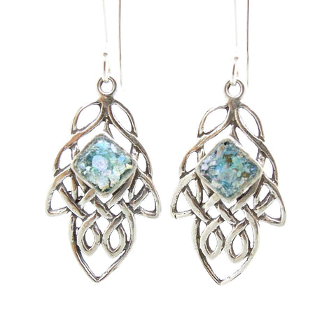 Earrings - Oriental Design Earrings With Roman Glass Set In Sterling Silver