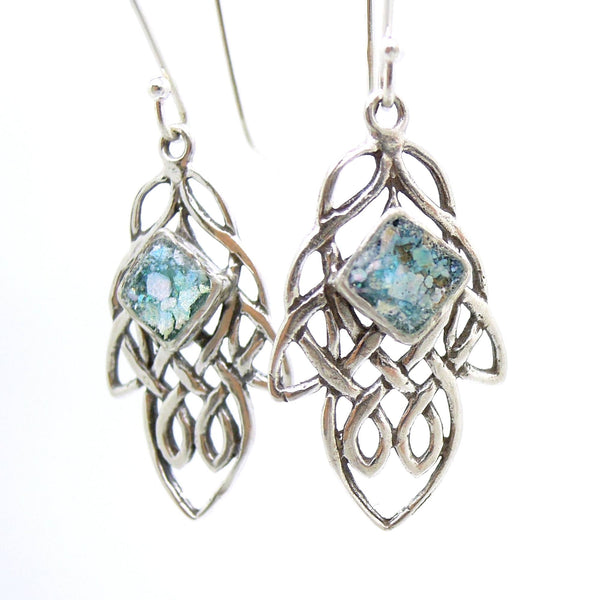 Earrings - Oriental Design Earrings With Roman Glass Set In Sterling Silver
