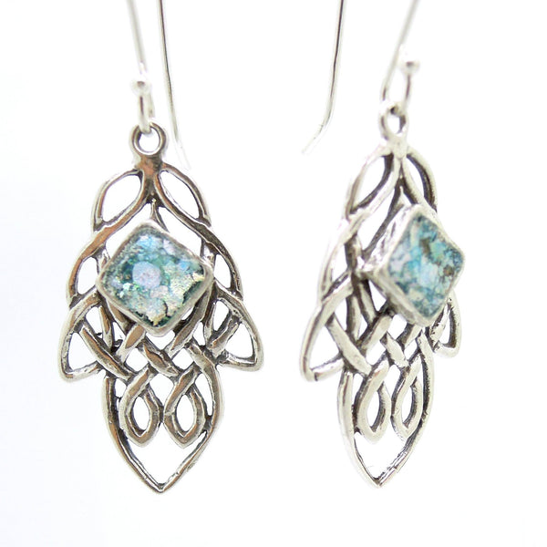 Earrings - Oriental Design Earrings With Roman Glass Set In Sterling Silver