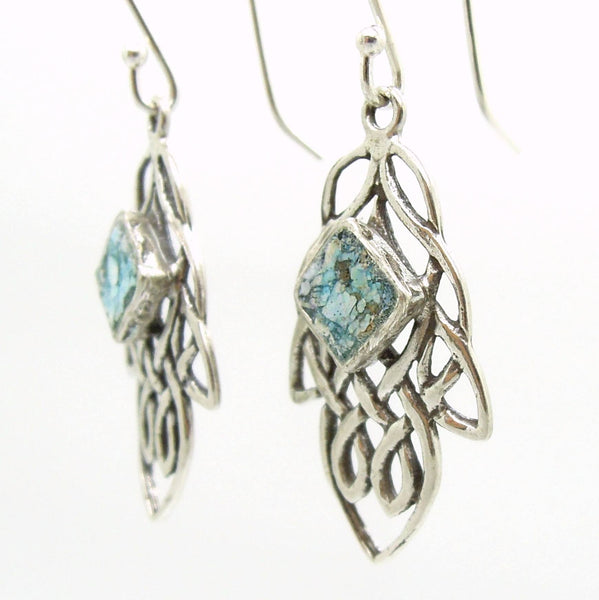 Earrings - Oriental Design Earrings With Roman Glass Set In Sterling Silver