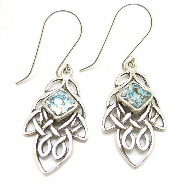 Earrings - Oriental Design Earrings With Roman Glass Set In Sterling Silver