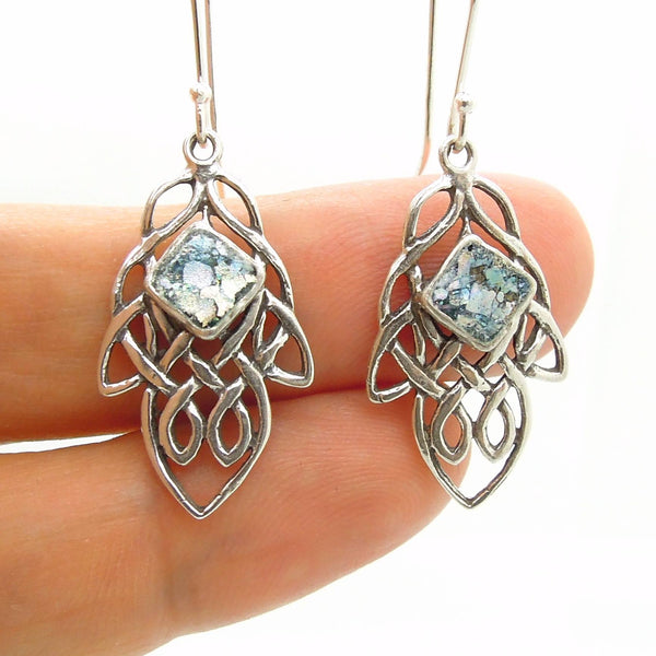 Earrings - Oriental Design Earrings With Roman Glass Set In Sterling Silver