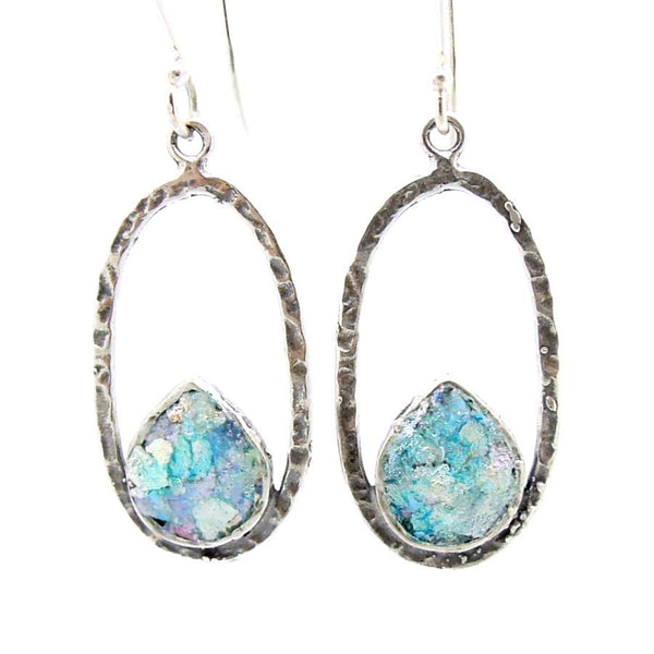 Earrings - Oval Hammered Sterling Silver Earrings With Roman Glass