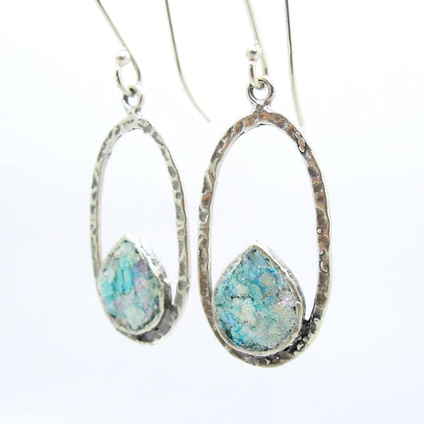 Earrings - Oval Hammered Sterling Silver Earrings With Roman Glass