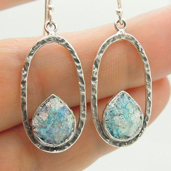 Earrings - Oval Hammered Sterling Silver Earrings With Roman Glass