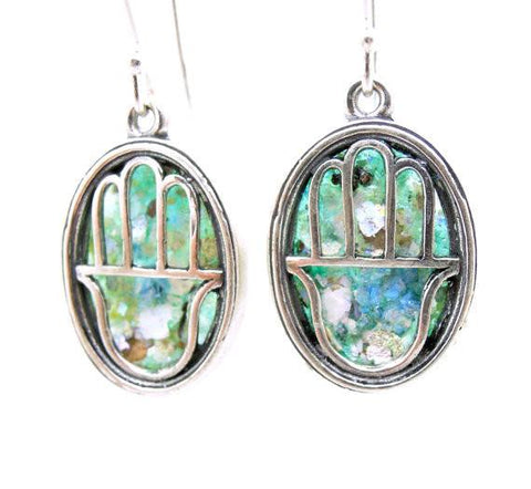 Earrings - Oval Hamsa Earrings With Roman Glass