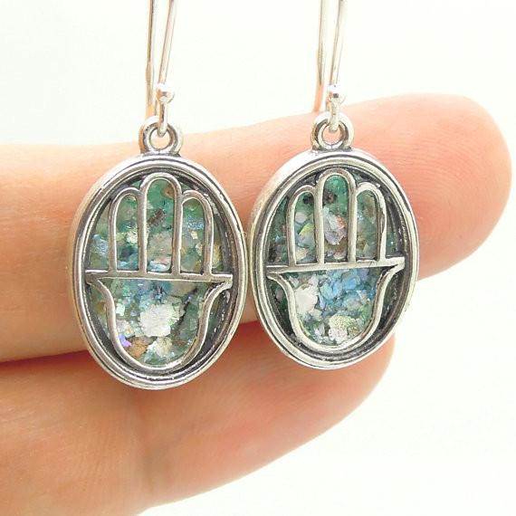 Earrings - Oval Hamsa Earrings With Roman Glass