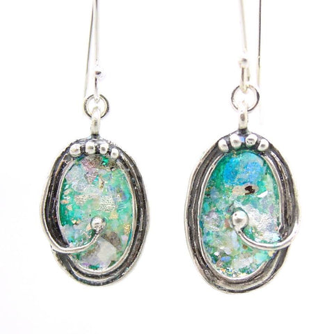 Earrings - Oval Shaped Sterling Silver Earrings With Roman Glass