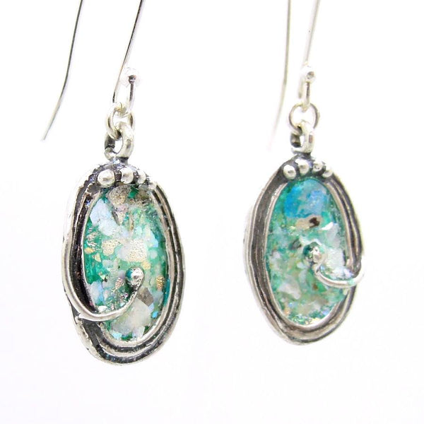 Earrings - Oval Shaped Sterling Silver Earrings With Roman Glass