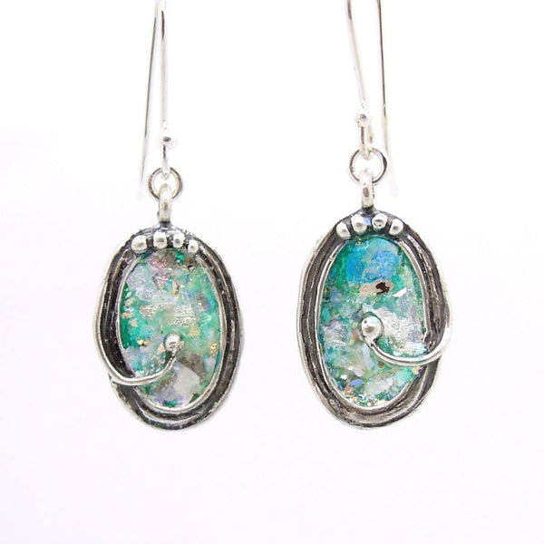 Earrings - Oval Shaped Sterling Silver Earrings With Roman Glass