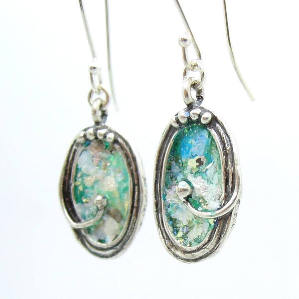 Earrings - Oval Shaped Sterling Silver Earrings With Roman Glass