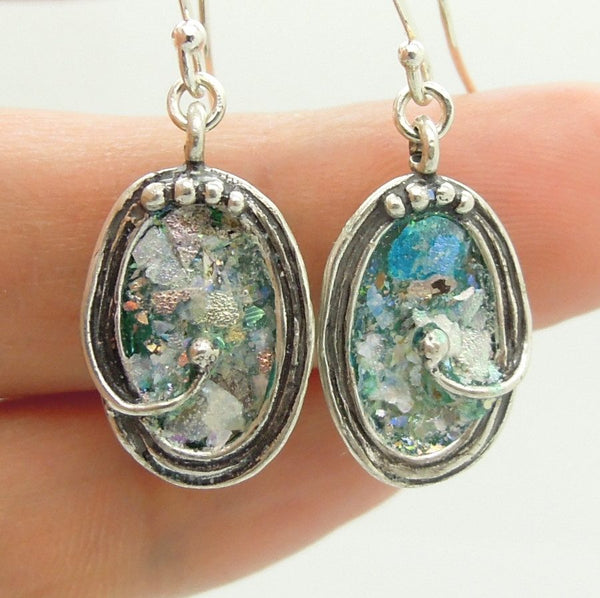 Earrings - Oval Shaped Sterling Silver Earrings With Roman Glass