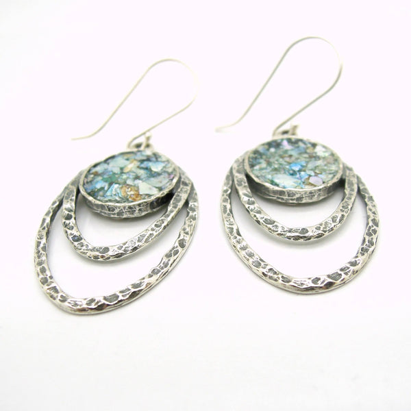 Earrings - Oval Silver Earrings With Roman Glass, Hammered Frame