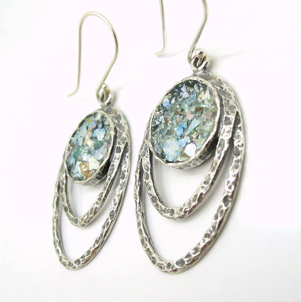Earrings - Oval Silver Earrings With Roman Glass, Hammered Frame