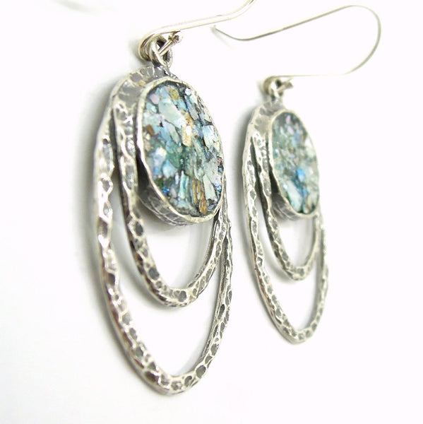 Earrings - Oval Silver Earrings With Roman Glass, Hammered Frame
