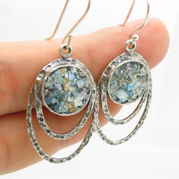 Earrings - Oval Silver Earrings With Roman Glass, Hammered Frame
