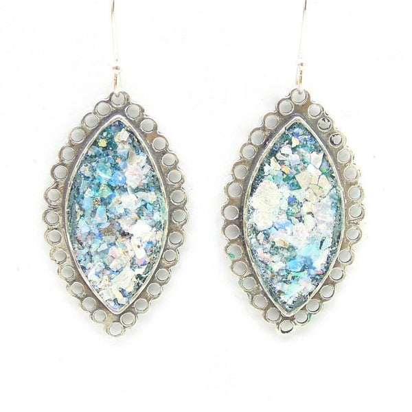 Earrings - Oval Sterling Silver Earrings With Roman Glass