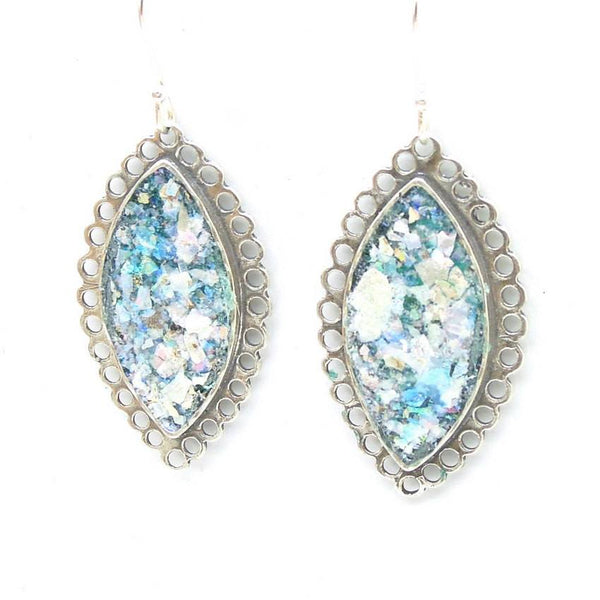 Earrings - Oval Sterling Silver Earrings With Roman Glass