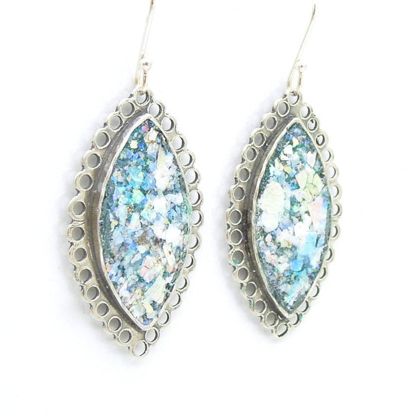 Earrings - Oval Sterling Silver Earrings With Roman Glass