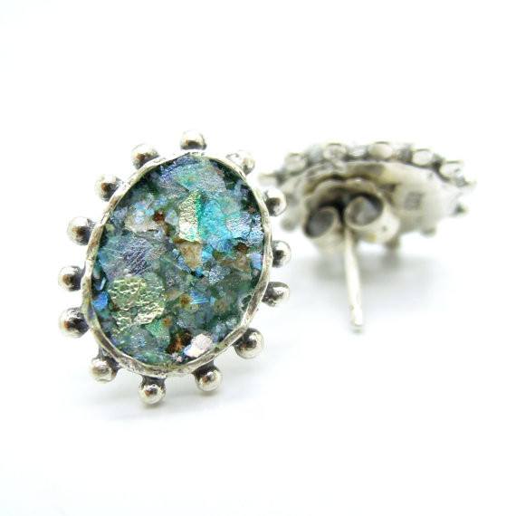 Earrings - Oval Stud Earrings With Circles & Authentic Roman Glass