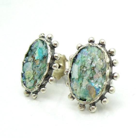 Earrings - Oval Stud Earrings With Circles & Authentic Roman Glass