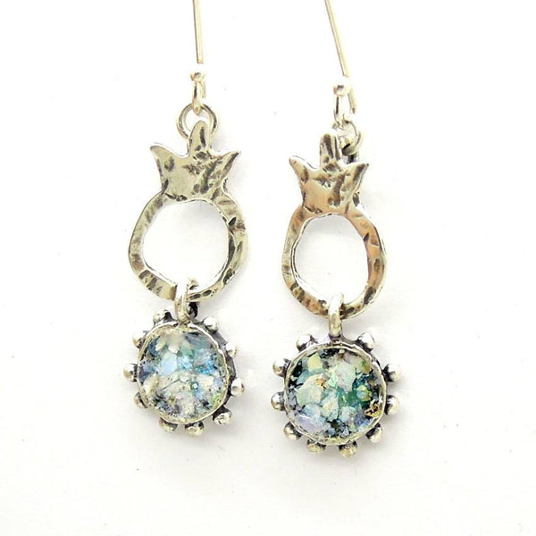 Earrings - Pomegranate And Circles Silver And Roman Glass Earrings