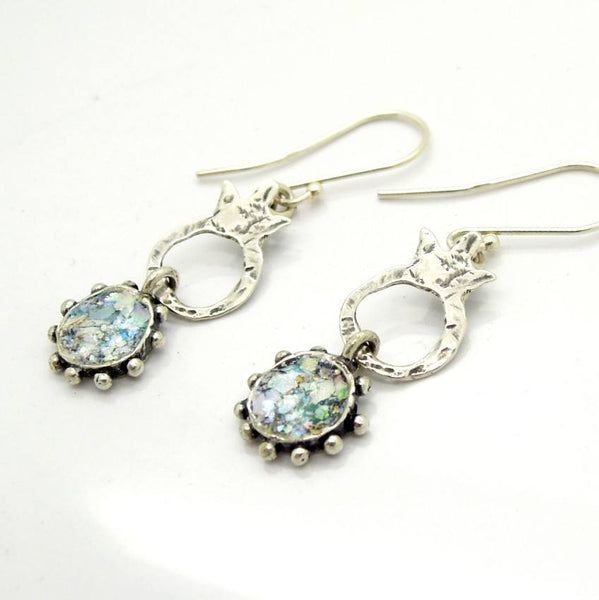 Earrings - Pomegranate And Circles Silver And Roman Glass Earrings