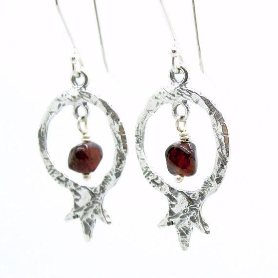 Earrings - Pomegranate And Garnet Earrings, Sterling Silver, Dangle Earrings