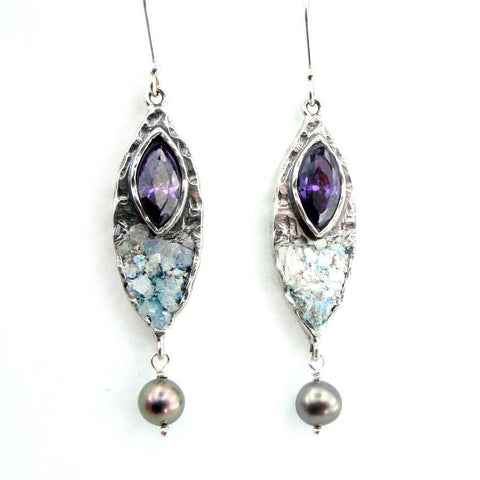 Earrings - Purple Zircon And Grey Pearl Oval Silver Earrings