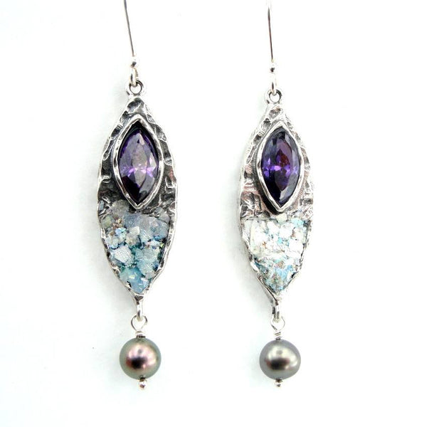 Earrings - Purple Zircon And Grey Pearl Oval Silver Earrings