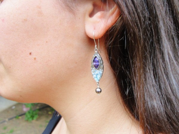 Earrings - Purple Zircon And Grey Pearl Oval Silver Earrings