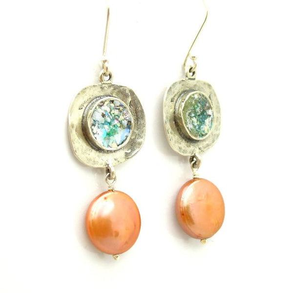 Earrings - Roman Glass  And Copper Pearl Dangle Silver Earrings