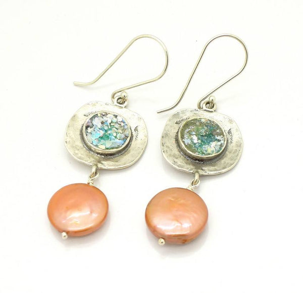 Earrings - Roman Glass  And Copper Pearl Dangle Silver Earrings
