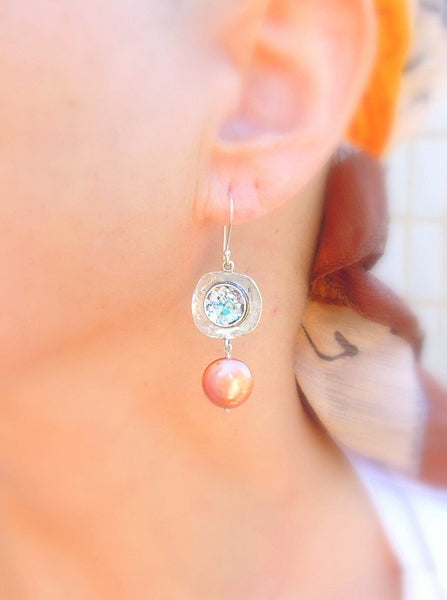 Earrings - Roman Glass  And Copper Pearl Dangle Silver Earrings