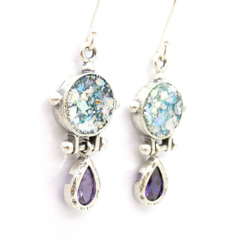 Earrings - Roman Glass And Purple Zircon Earrings - Drop Shape Style
