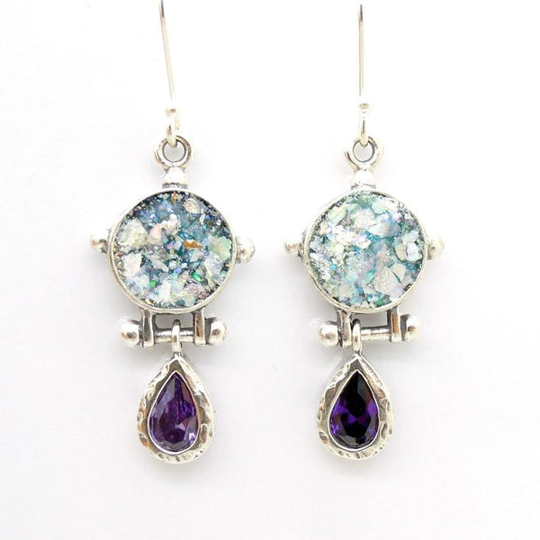 Earrings - Roman Glass And Purple Zircon Earrings - Drop Shape Style