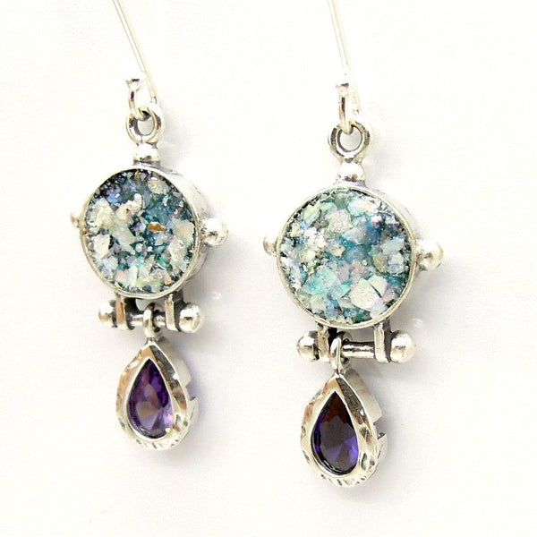 Earrings - Roman Glass And Purple Zircon Earrings - Drop Shape Style