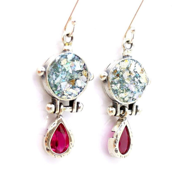 Earrings - Roman Glass And Purple Zircon Earrings - Drop Shape Style