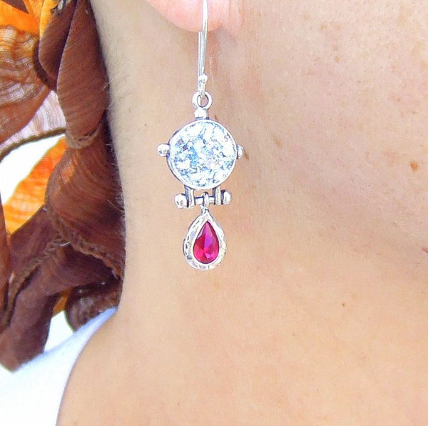 Earrings - Roman Glass And Purple Zircon Earrings - Drop Shape Style