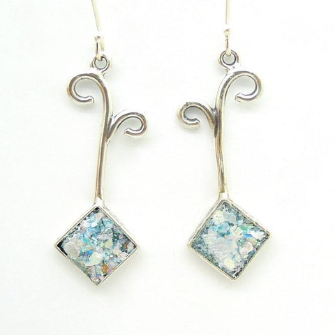 Earrings - Roman Glass And Silver Earring - Square Unique Design